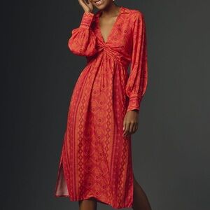 New FARM Rio Collared Long Sleeve Midi Dress